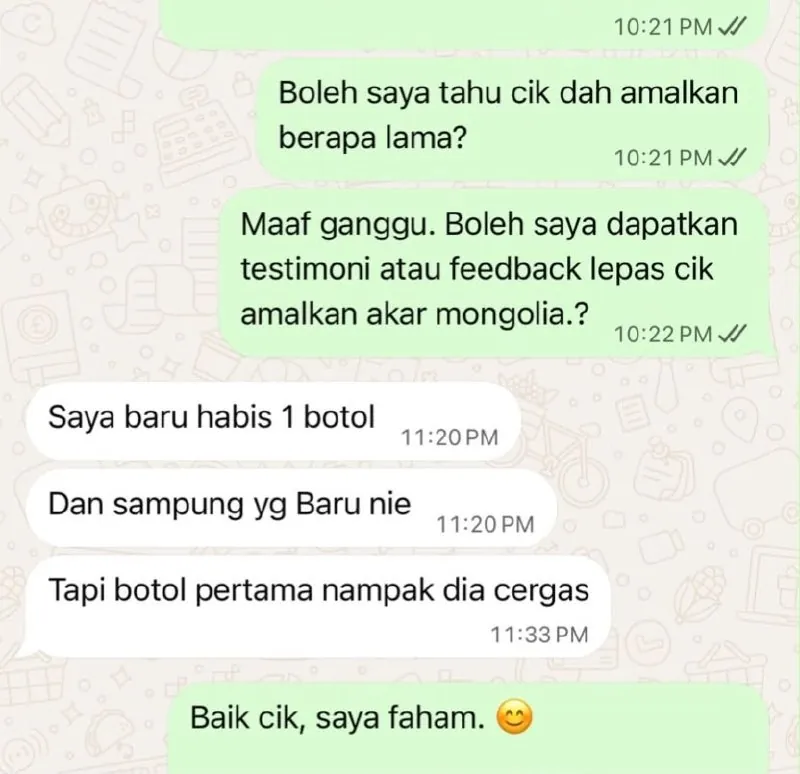 Mesej WhatsApp pelanggan: baru habis satu botol, nampak lebih cergas