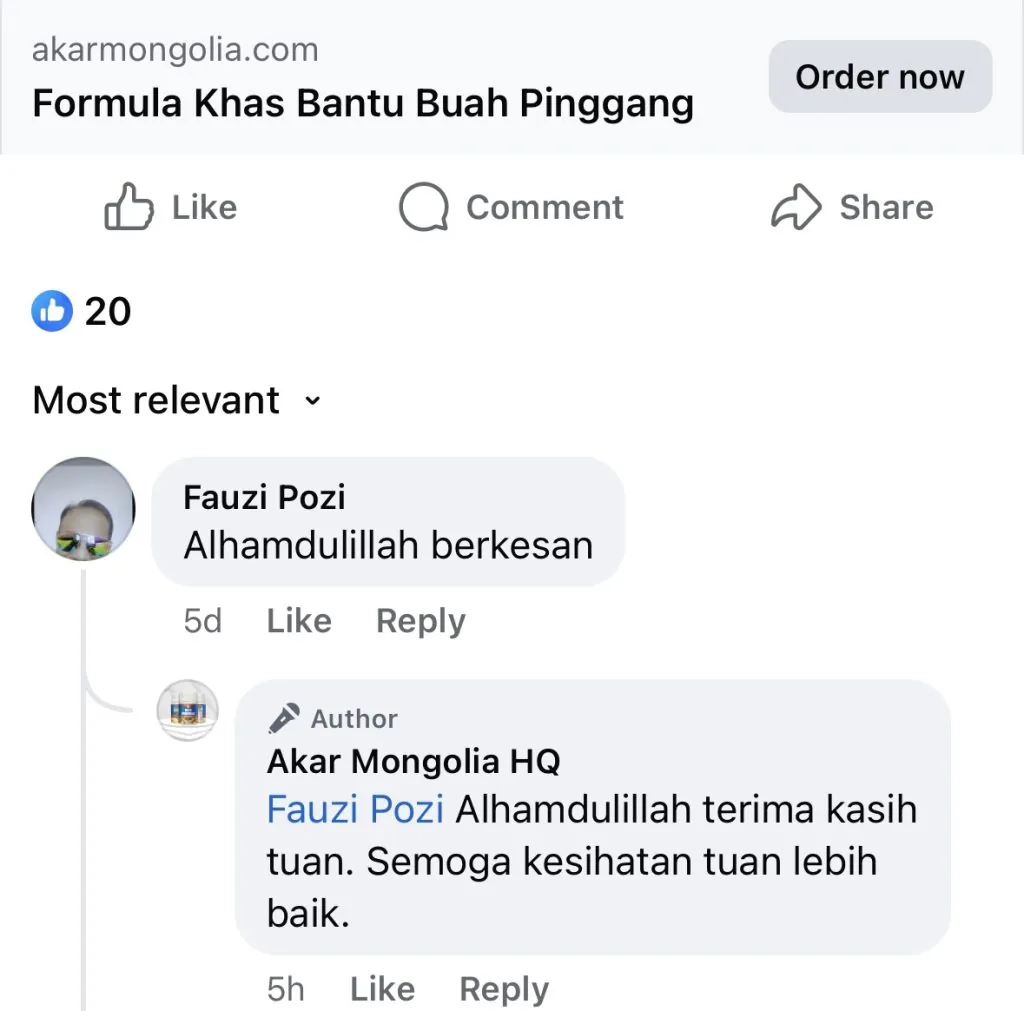 Komen Facebook pelanggan: Alhamdulillah berkesan