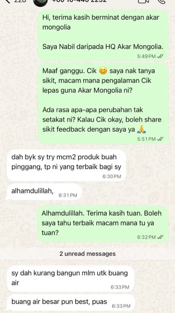 Mesej WhatsApp pelanggan: dah banyak cuba produk buah pinggang, ni yang terbaik