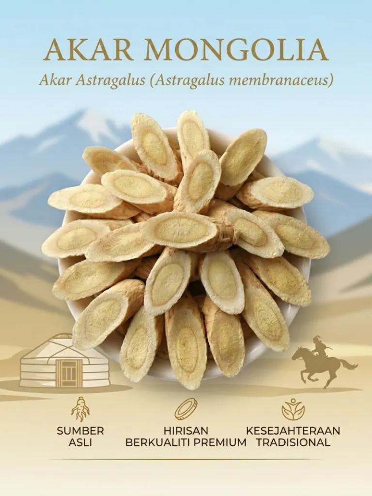 Hirisan akar Astragalus membranaceus kering dengan latar padang Mongolia