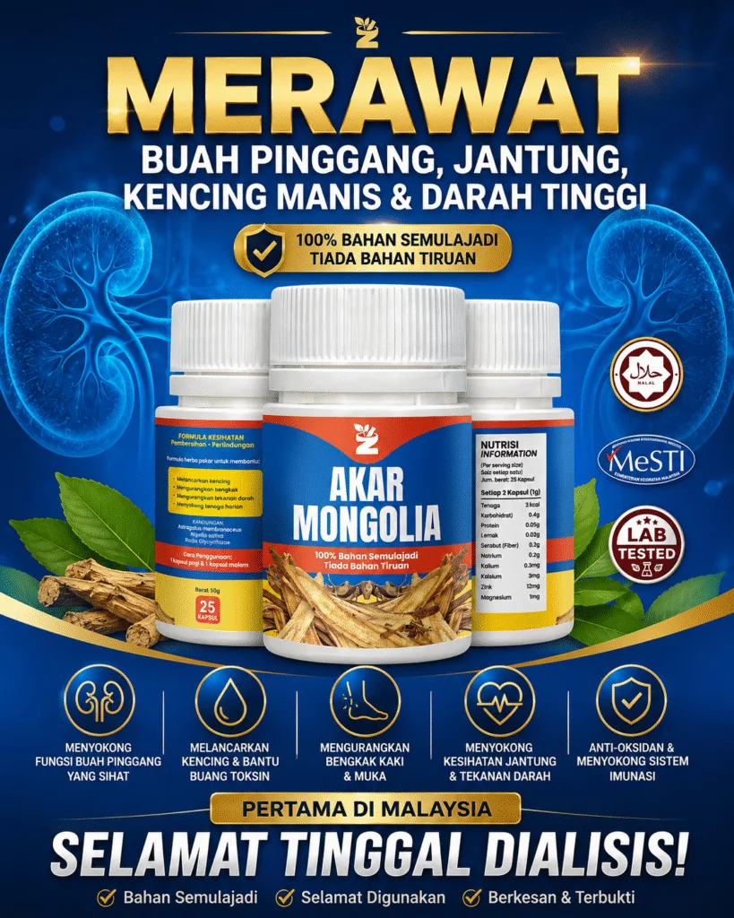 Poster Akar Mongolia: merawat buah pinggang, jantung, kencing manis dan darah tinggi, 100% bahan semulajadi