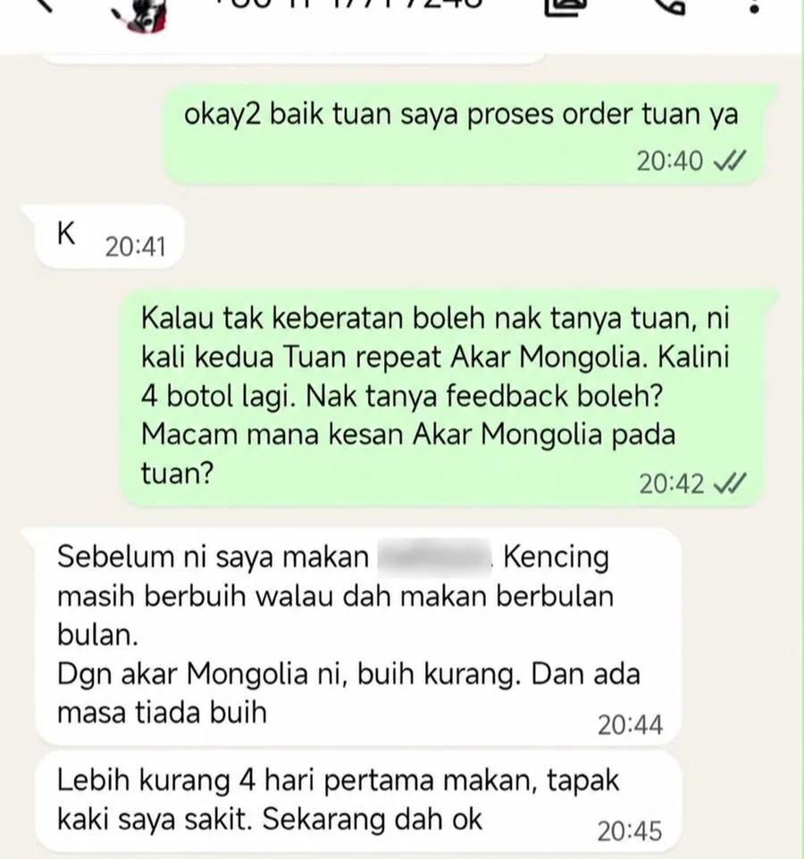 Mesej WhatsApp pelanggan repeat order: dengan Akar Mongolia, buih kencing kurang dan ada masa tiada buih