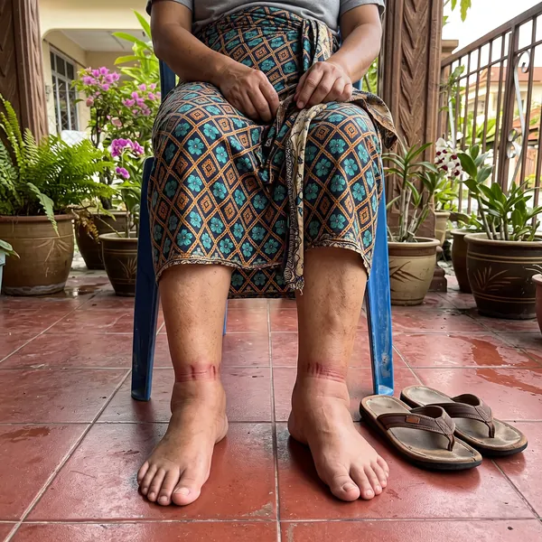 Kaki makcik bengkak dengan bekas getah stokin di buku lali