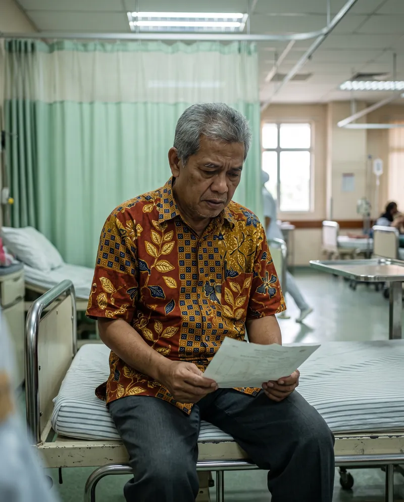 Pakcik duduk di tepi katil hospital membaca laporan
