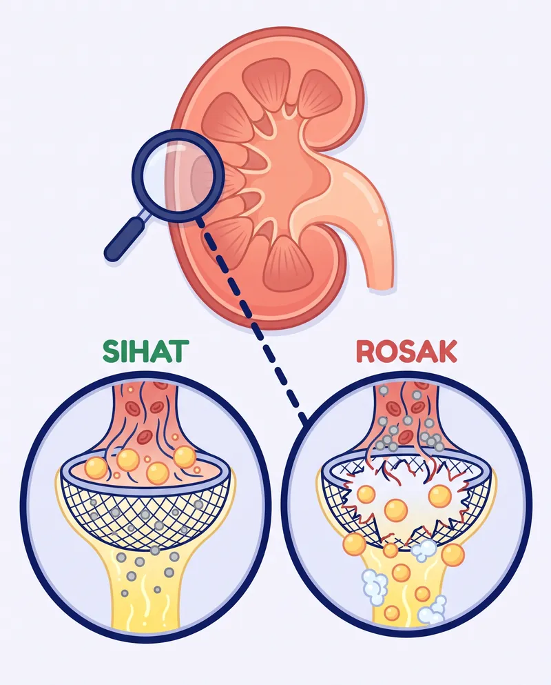 Keratan buah pinggang dengan zoom ke penapis: sihat tahan protein, rosak bocorkan protein dan buih